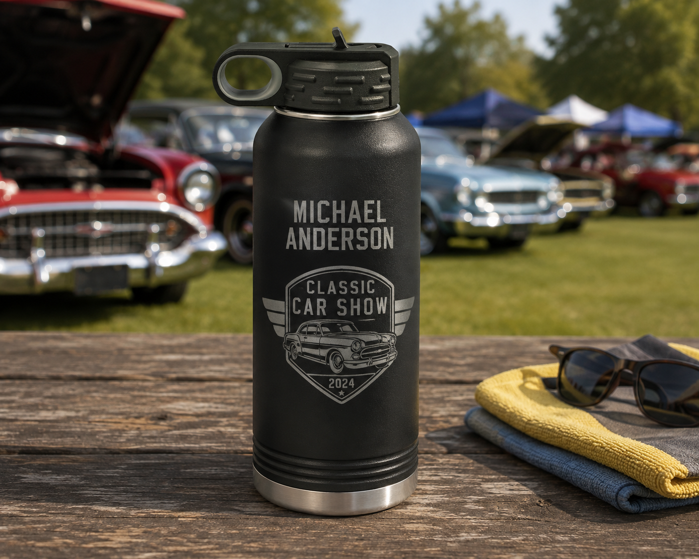 Custom Laser-Engraved Car Show Water Bottles – 32 oz