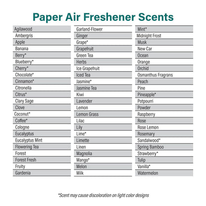 Available paper air freshener scent chart