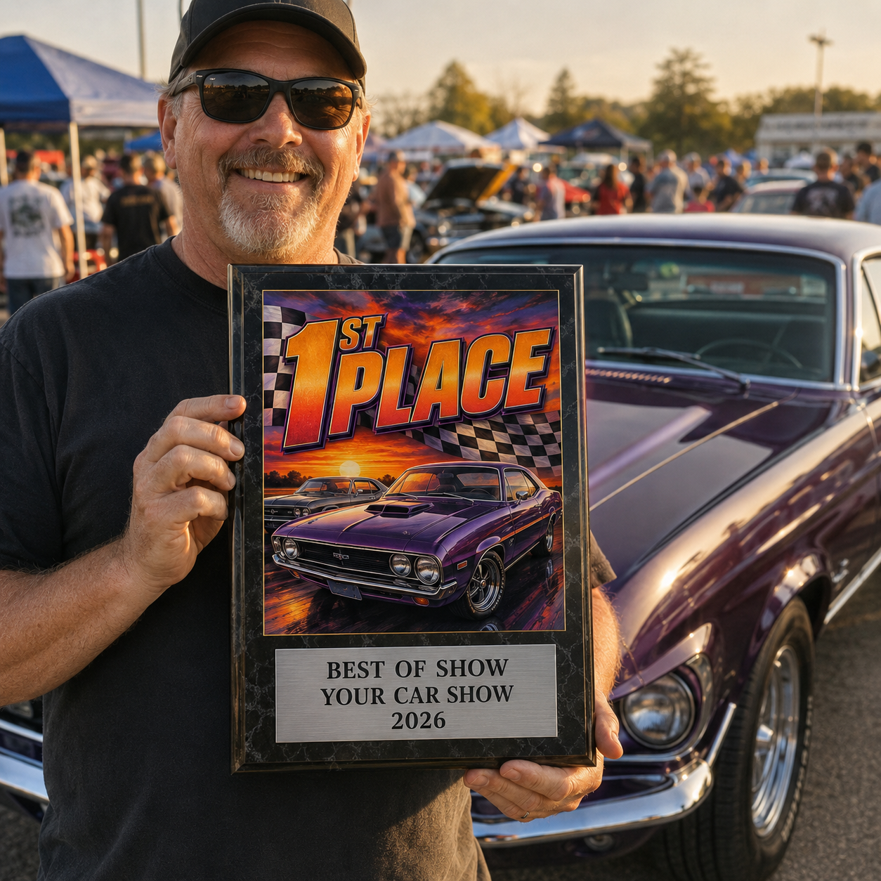 Custom Show Stopper Car Show Award Plaques – Full-Color Art & Engraved Plate