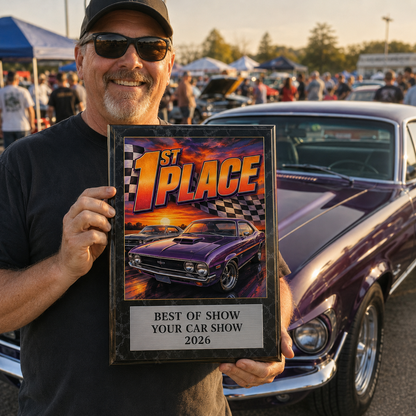 Custom Show Stopper Car Show Award Plaques – Full-Color Art & Engraved Plate