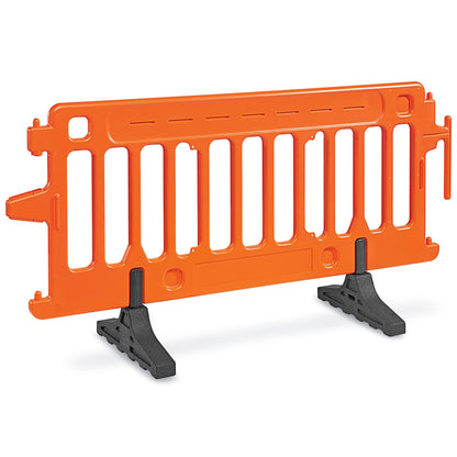 Orange portable crowd control barrier with folding black rubber feet