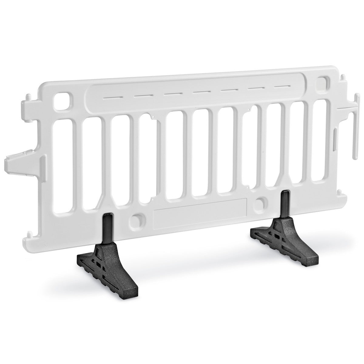 White portable crowd control barrier with folding black rubber feet