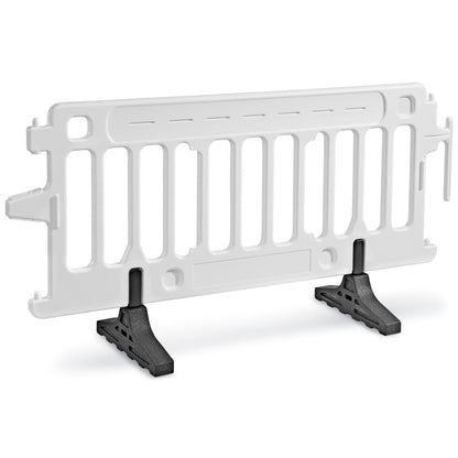 White portable crowd control barrier with folding black rubber feet