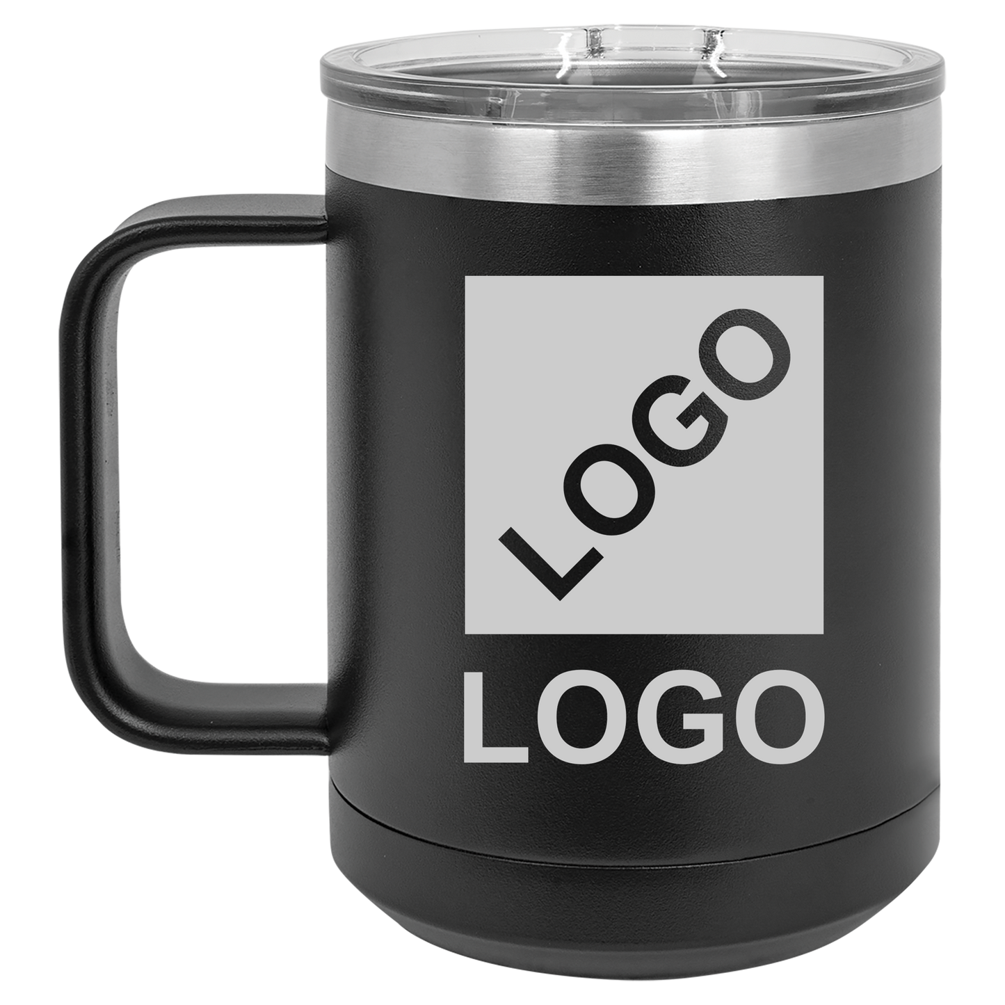 Black 15 oz custom laser-engraved insulated car show mug
