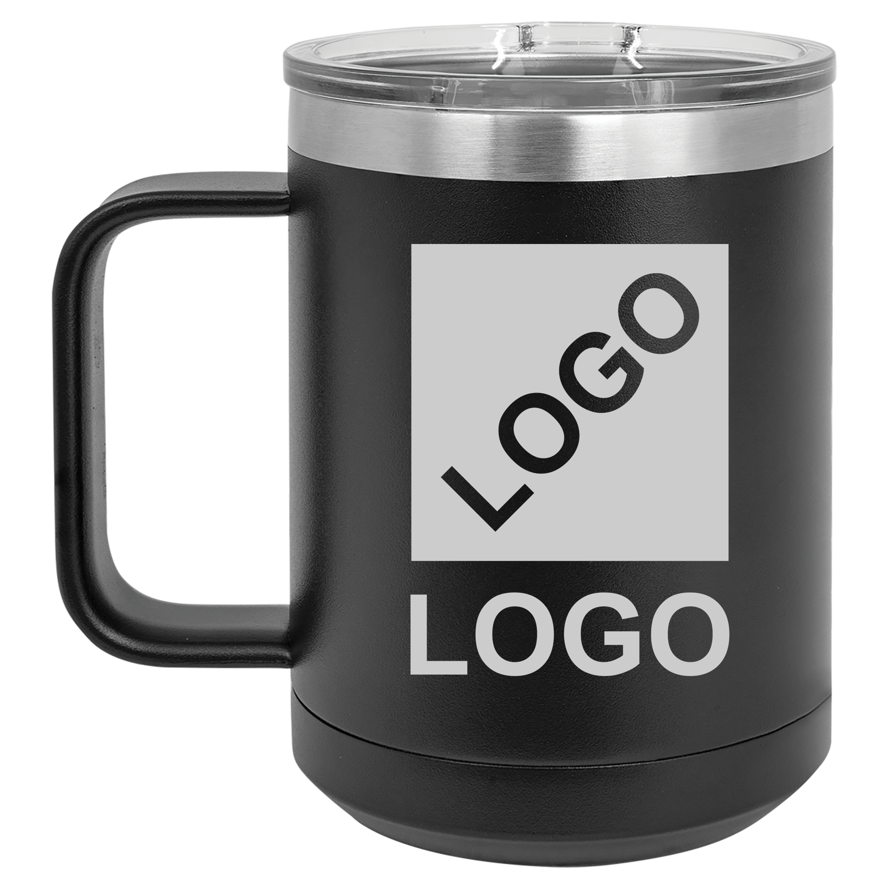 Black 15 oz custom laser-engraved insulated car show mug