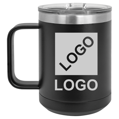 Black 15 oz custom laser-engraved insulated car show mug