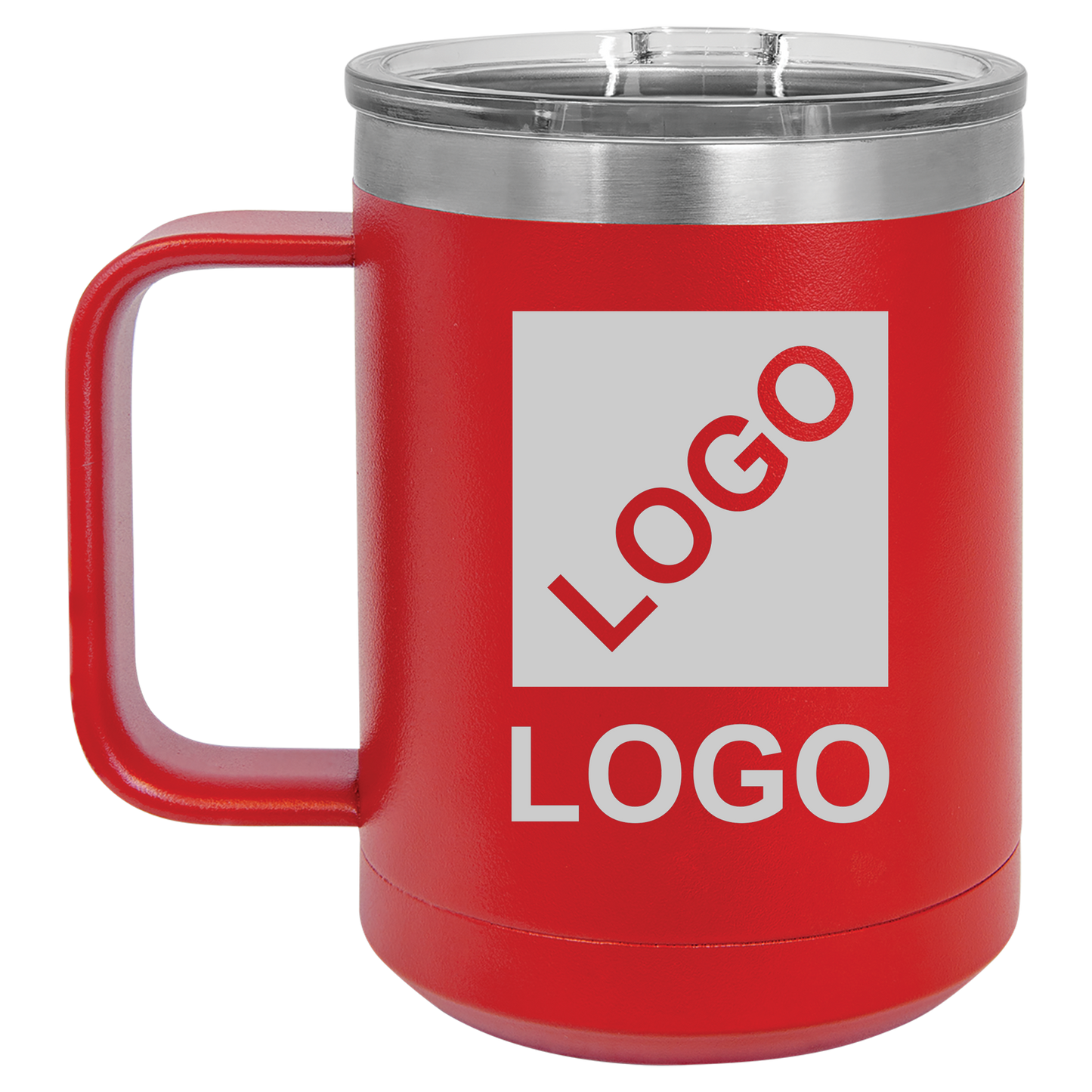 Red 15 oz custom laser-engraved insulated car show mug
