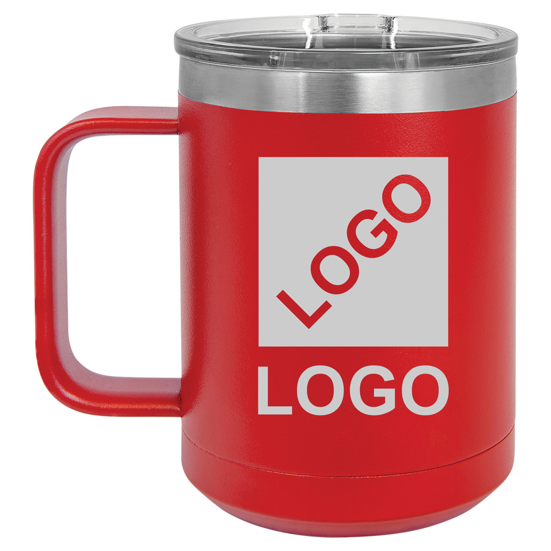 Red 15 oz custom laser-engraved insulated car show mug