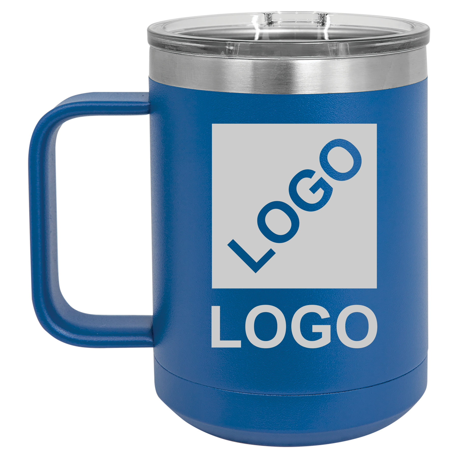 Blue 15 oz custom laser-engraved insulated car show mug
