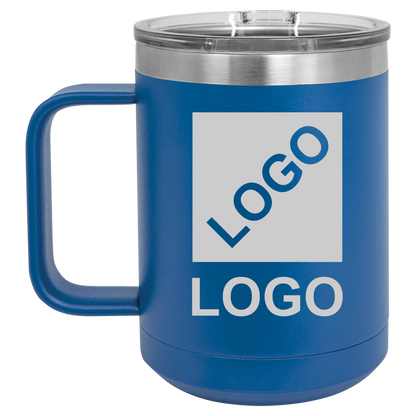 Blue 15 oz custom laser-engraved insulated car show mug