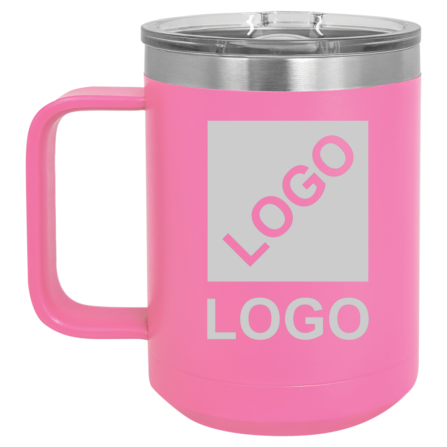 Pink 15 oz custom laser-engraved insulated car show mug