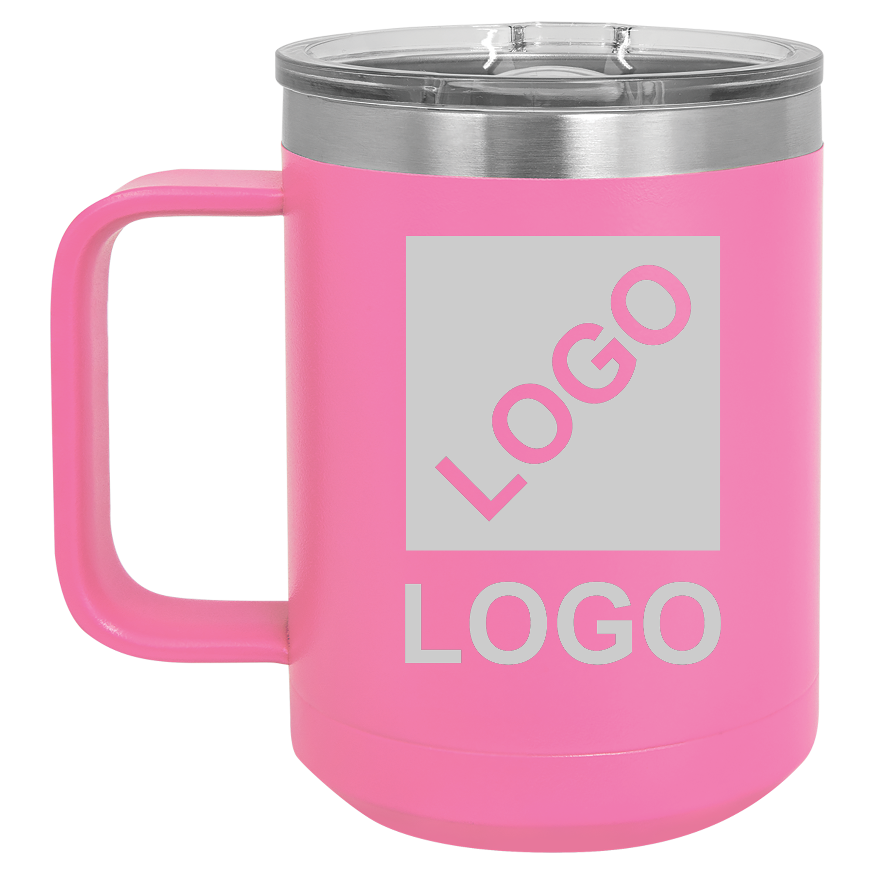 Pink 15 oz custom laser-engraved insulated car show mug