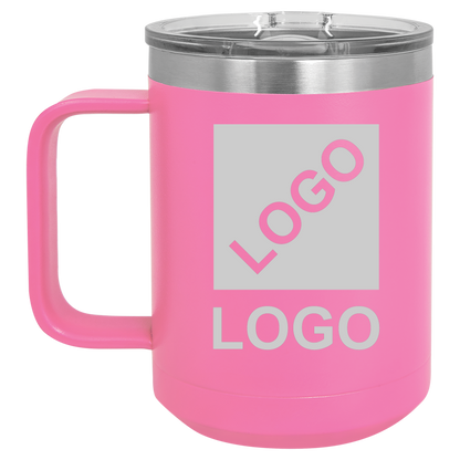 Pink 15 oz custom laser-engraved insulated car show mug
