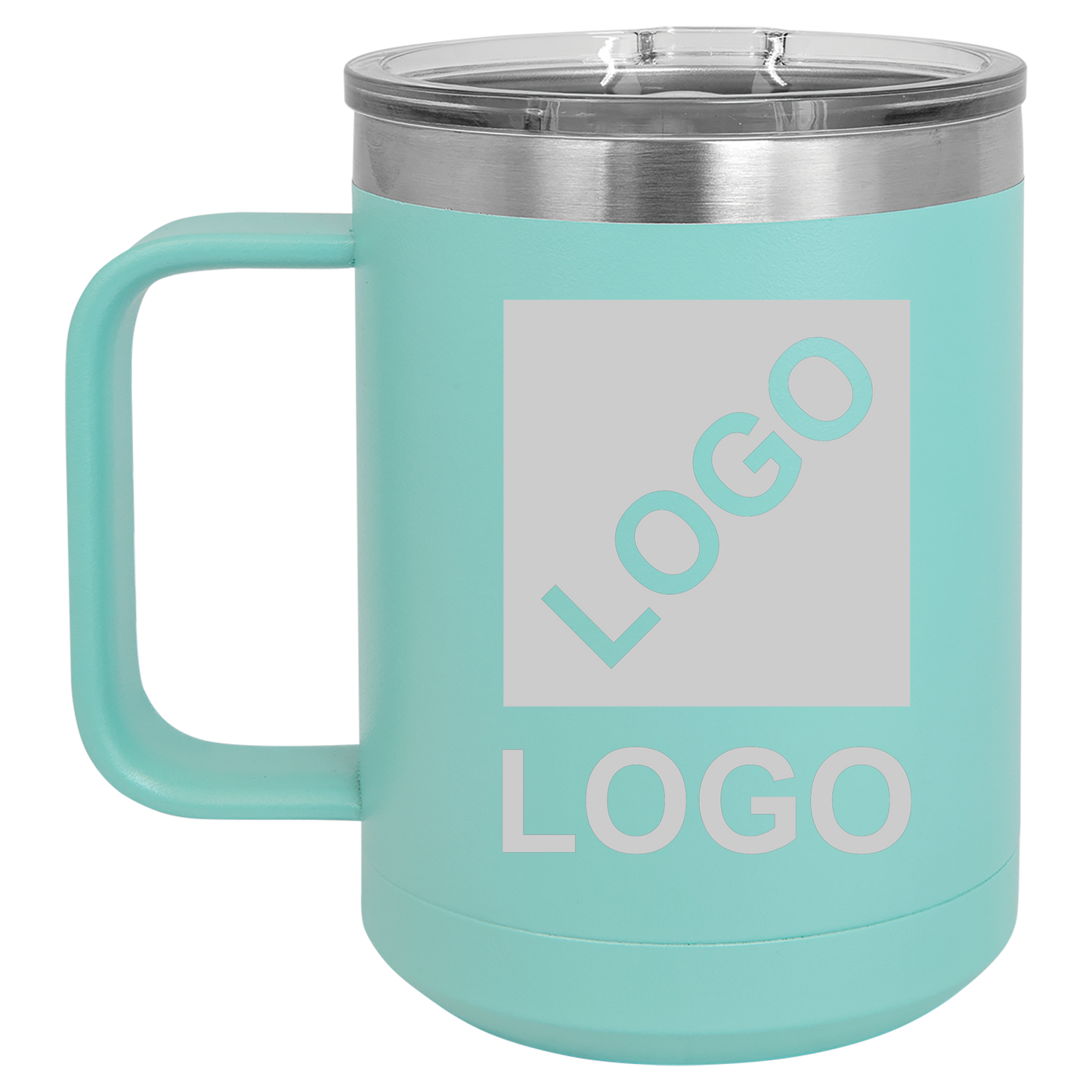 Teal 15 oz custom laser-engraved insulated car show mug
