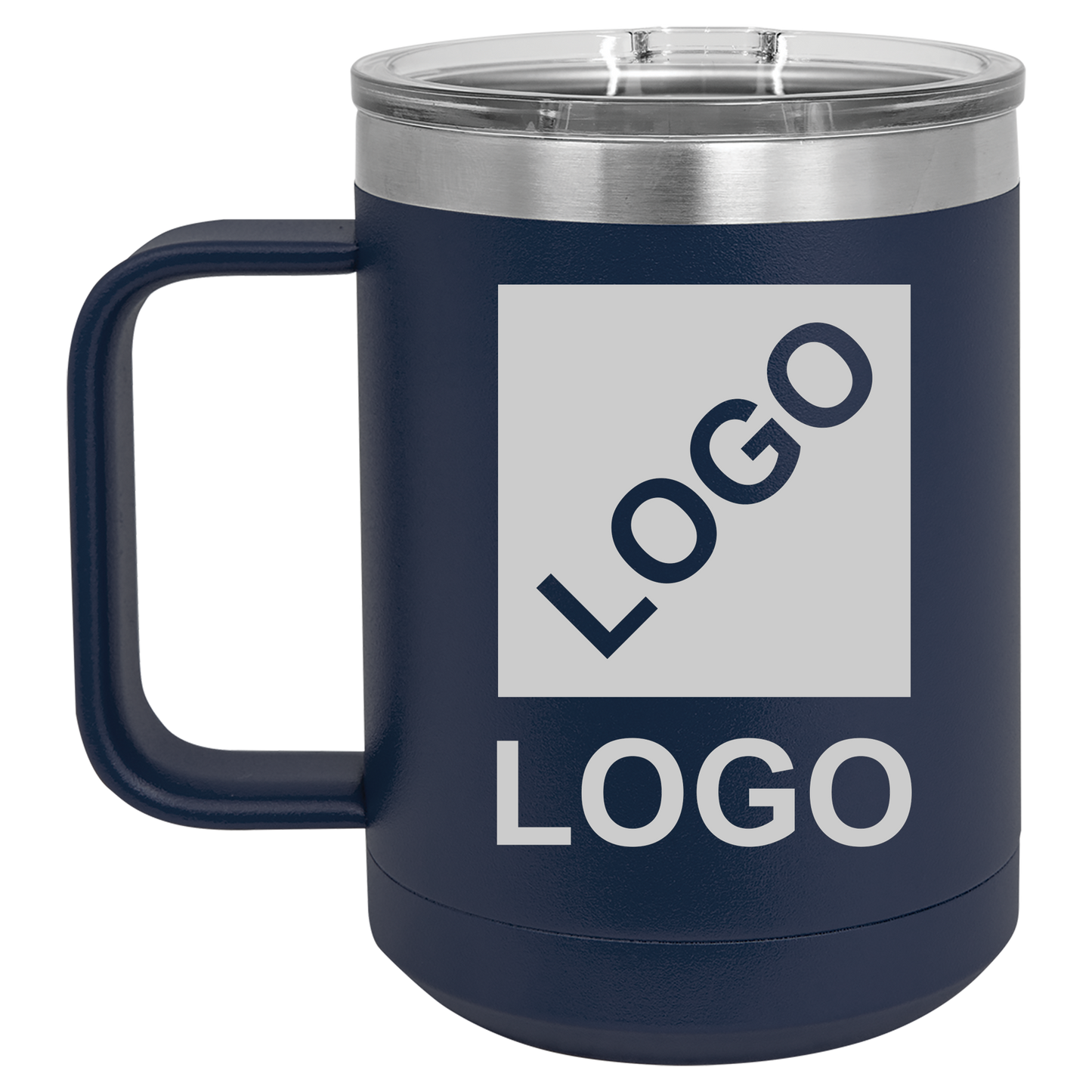 Navy Blue 15 oz custom laser-engraved insulated car show mug