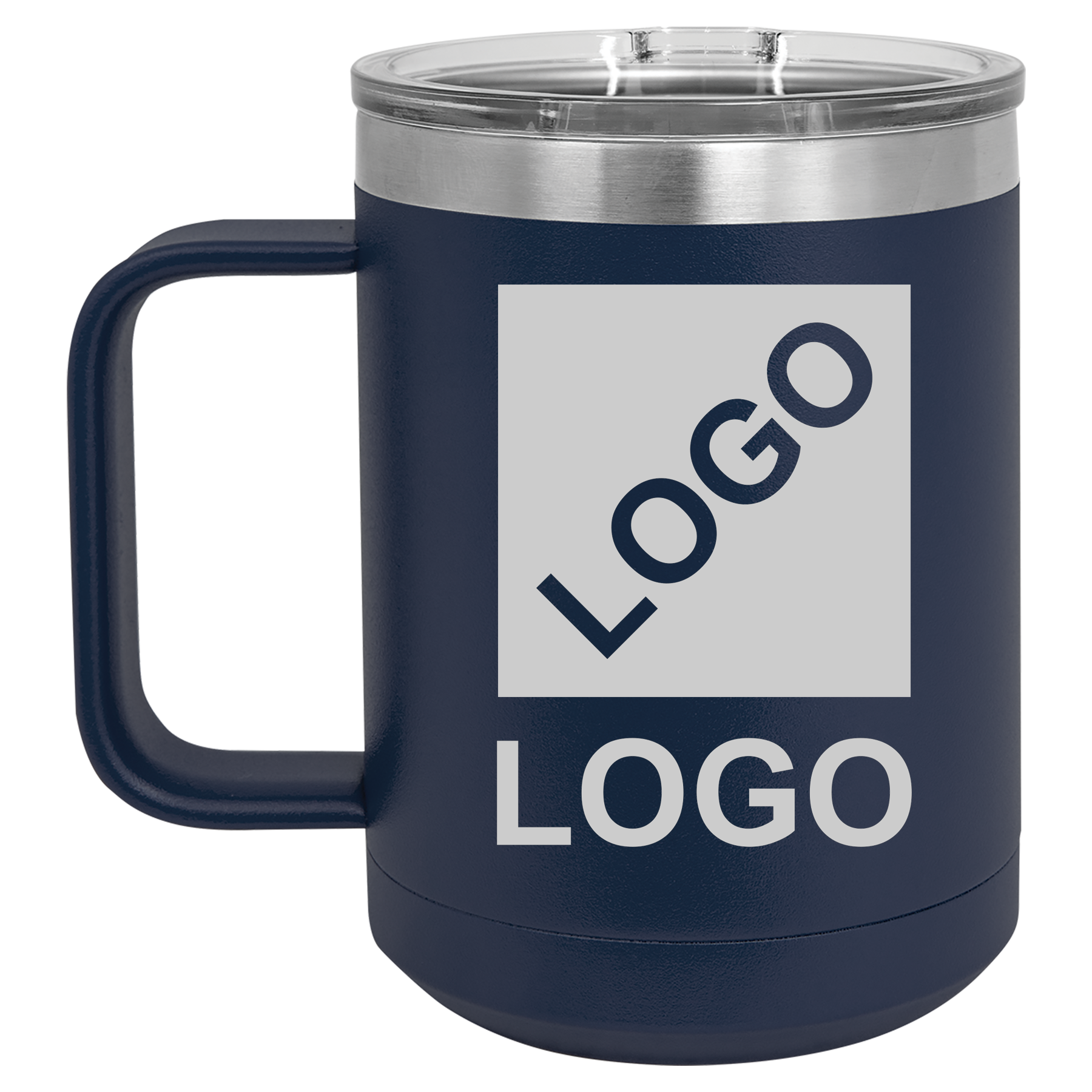 Navy Blue 15 oz custom laser-engraved insulated car show mug