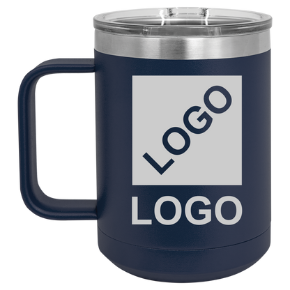 Navy Blue 15 oz custom laser-engraved insulated car show mug