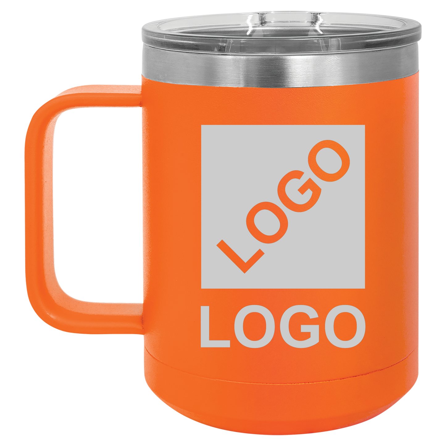 Orange 15 oz custom laser-engraved insulated car show mug