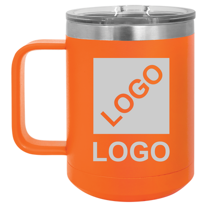 Orange 15 oz custom laser-engraved insulated car show mug