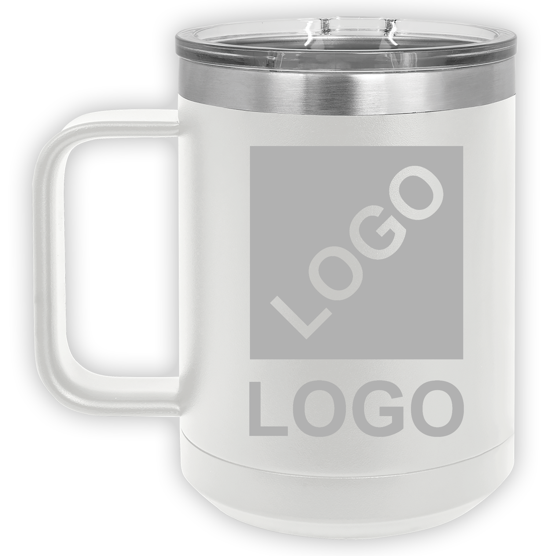 White 15 oz custom laser-engraved insulated car show mug
