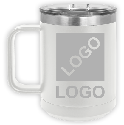 White 15 oz custom laser-engraved insulated car show mug