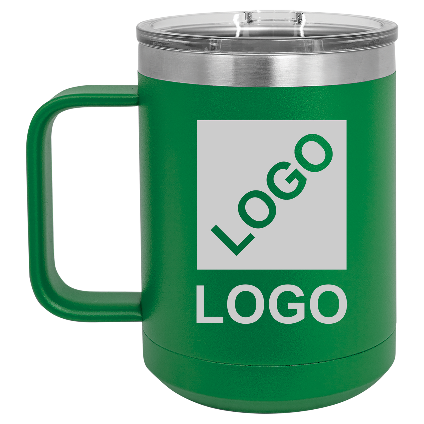 Green 15 oz custom laser-engraved insulated car show mug