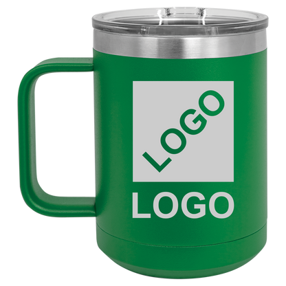 Green 15 oz custom laser-engraved insulated car show mug