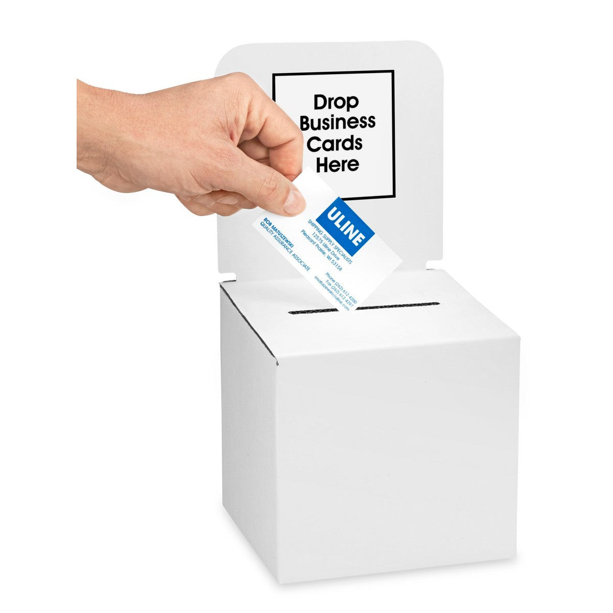 White 6 x 6 x 6 inch corrugated raffle ballot box with plain header