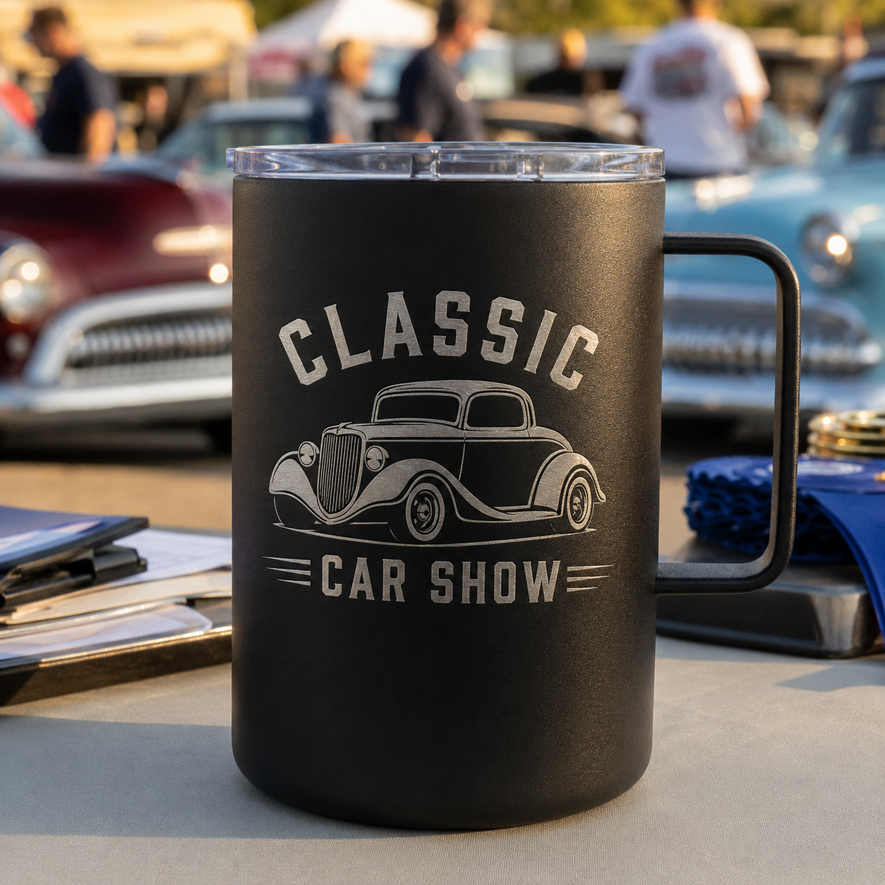 Custom Laser-Engraved Car Show Insulated Mugs – 15 oz