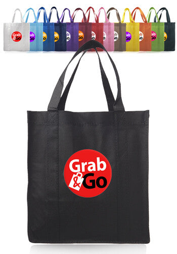 Custom reusable grocery tote bags in assorted colors